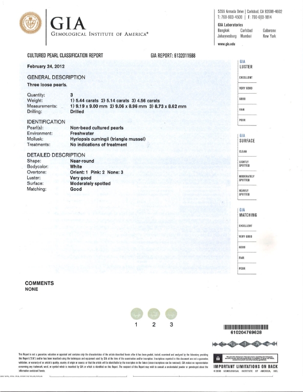 GIA Certificate - White 9 mm Pearl